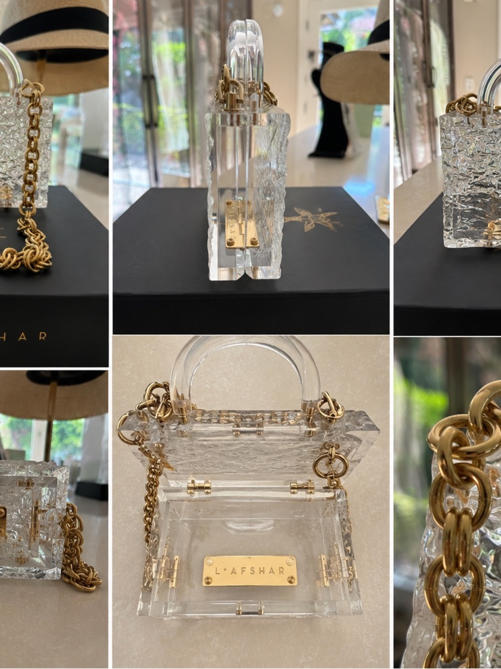 Lafshar Clear Acrylic Mini Top-Handle Bag with Gold Chain